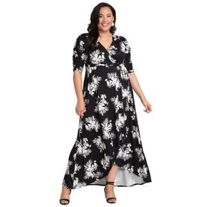 Kiyonna Dress Meadow Dream Style Tropical Floral 1X Maxi True Wrap Black White